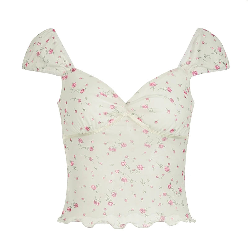 Hotsweet Y2K Floral Printed Summer Mesh Top Women Bow Cute Coquette Korean T shirts Crop Tee Shirt Ruched Transparent