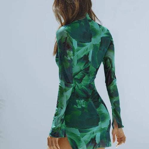 Load image into Gallery viewer, Turtleneck Long Sleeve Floral Print  Patchwork Slit Zip Up Sexy Bodycon Mini Dress Women Streetwear Party Outfits Y2K
