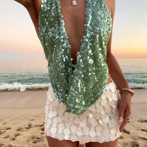 Load image into Gallery viewer, Halter Deep V Neck Sexy Crop Tops Women Sequins Beach Club Tank Tops Female Summer New Holiday Party Cropped Tops
