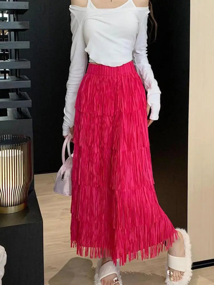 Autumn Vintage Elegant Party Wrapped Hip Cake Skirt For Women Elastic High Waist Tassel Long Skirts Female High Street Y2k Trend