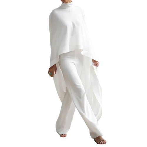 Load image into Gallery viewer, Women&#39;s White Two Pieces Set 2024 Autumn High-Neck High-Low Loose Tops &amp; Wide Leg Pants Suits Streewear Black
