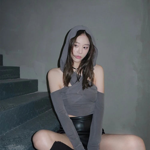 Load image into Gallery viewer, 2025 Summer Fashion Tee Shirts Femme Solid Slim Y2k Aesthetic Streetwear Tshirts Off Shoulder Hooded Long Sleeve Women T-shirts
