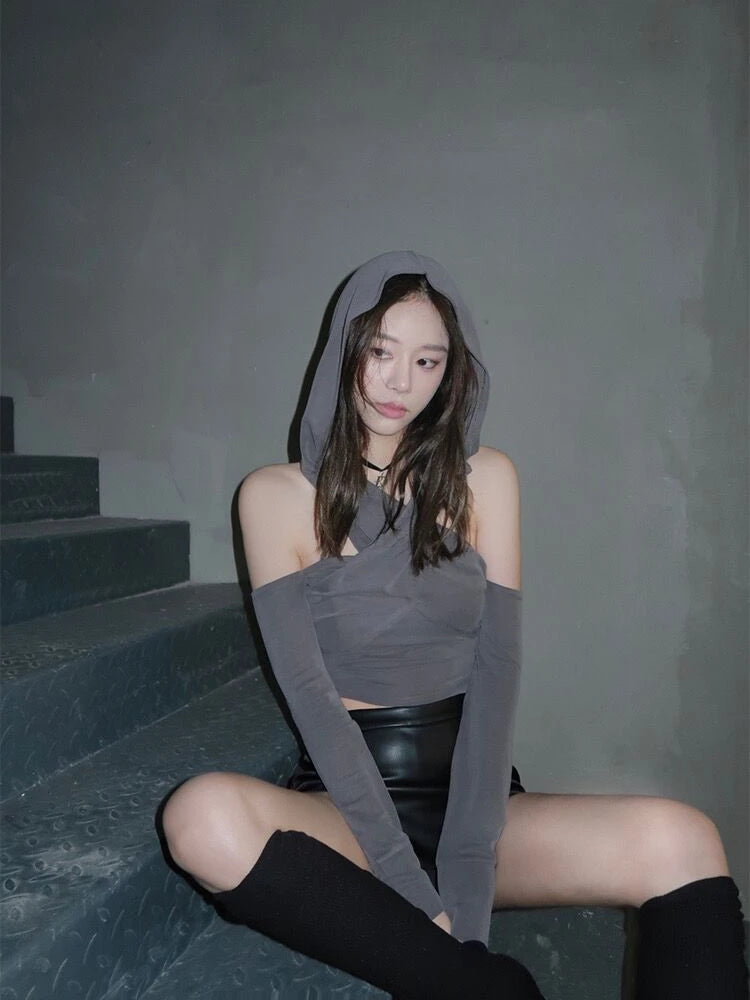 2025 Summer Fashion Tee Shirts Femme Solid Slim Y2k Aesthetic Streetwear Tshirts Off Shoulder Hooded Long Sleeve Women T-shirts