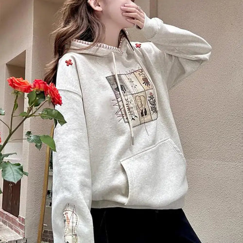 Load image into Gallery viewer, Autumn Winter 2025 Beige Velvet Embroidered Elegant Pullover Fashion Short Hooded Sweatshirt Women Trendy Long Sleeve Tops Retro
