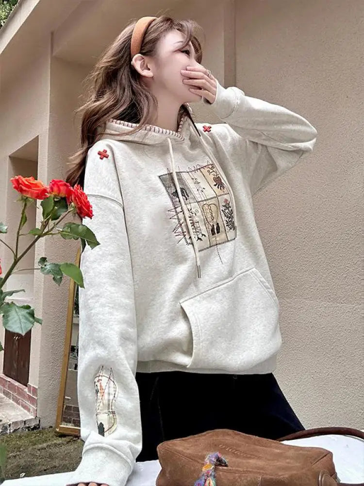 Autumn Winter 2025 Beige Velvet Embroidered Elegant Pullover Fashion Short Hooded Sweatshirt Women Trendy Long Sleeve Tops Retro