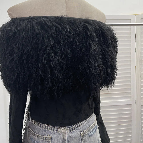 Load image into Gallery viewer, Y2k Aesthetic Vintage Fur Patchwork Bodycon Tees Harajuku Women Slash Neck Grunge T-shirt Streetwear Fairy Hole Cropped Tshirt
