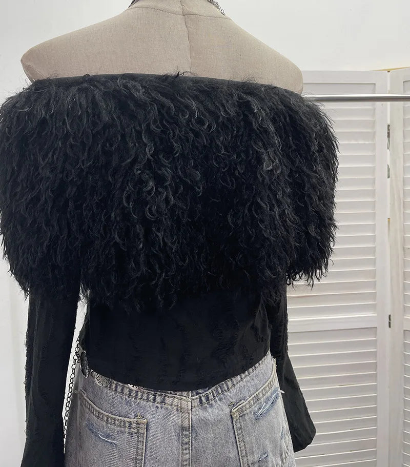 Y2k Aesthetic Vintage Fur Patchwork Bodycon Tees Harajuku Women Slash Neck Grunge T-shirt Streetwear Fairy Hole Cropped Tshirt