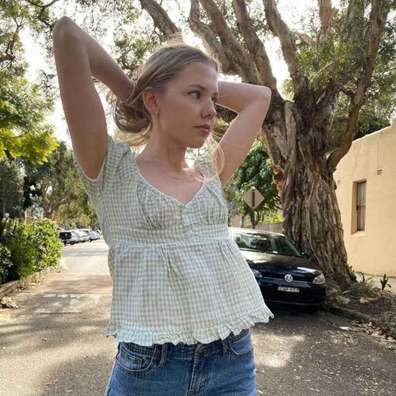 Ruffle Top Buttons y2k Kawaii Women Crop Tops Cute E-girl Short Sleeve Tshirt Sweet Fairy Core Clothes Summer 2024 Vest