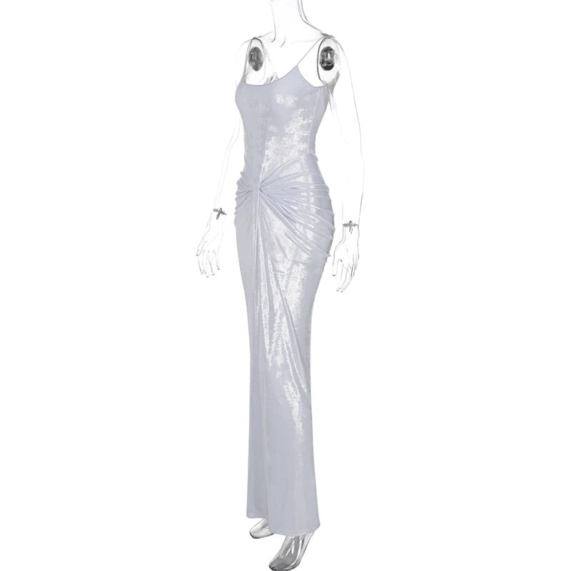 Sliver Spaghetti Strap Sexy Maxi Dress For Women Fashion Sparkle Sleeveless Backless Ruched Beach Club Sexy Long Dress