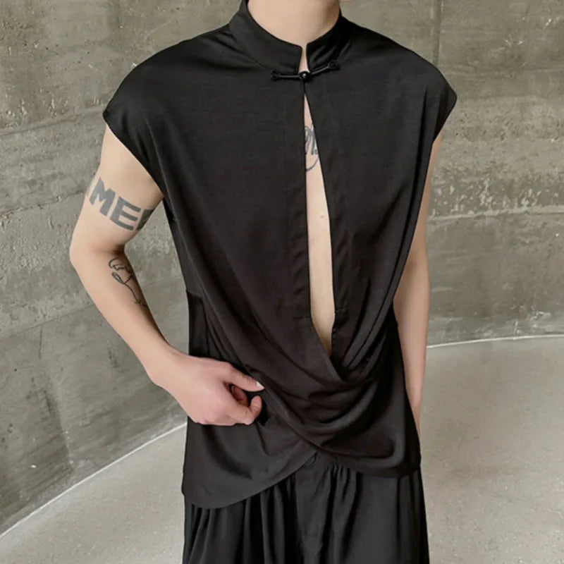 Summer Men's Vest Chinese Style Stand Collar Knot Button Sleeveless Cross Design Clothing Trend Casual Tank Top 9C5913