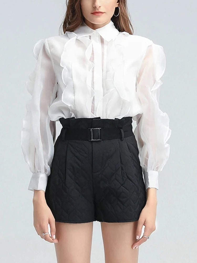 Solid Patchwork Folds Casual Shirt For Women Lapel Lantern Sleeve Spliced Single Breasted Designer Blouses Female