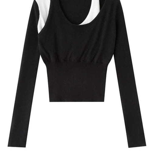 Load image into Gallery viewer, Color-block Knitting T-shirt Half-body Skirt Two Pieces Suit New Round Neck Women Fashion Spring Autumn 2025 1DH4959
