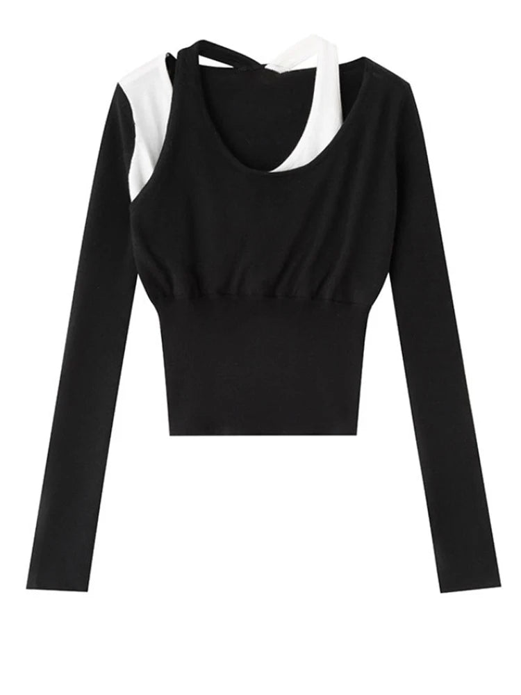 Color-block Knitting T-shirt Half-body Skirt Two Pieces Suit New Round Neck Women Fashion Spring Autumn 2025 1DH4959