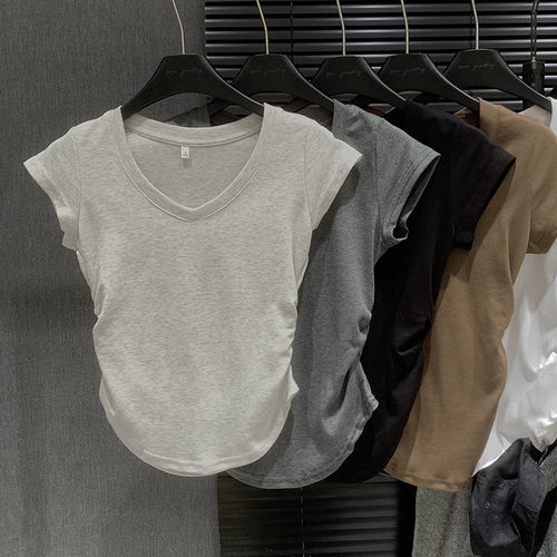 Load image into Gallery viewer, Summer Solid V Neck Pullover Irregular Pleated T Shirt Women Short Sleeved Holiday Tops 2024 Korean Fashion Simplicity Clothing
