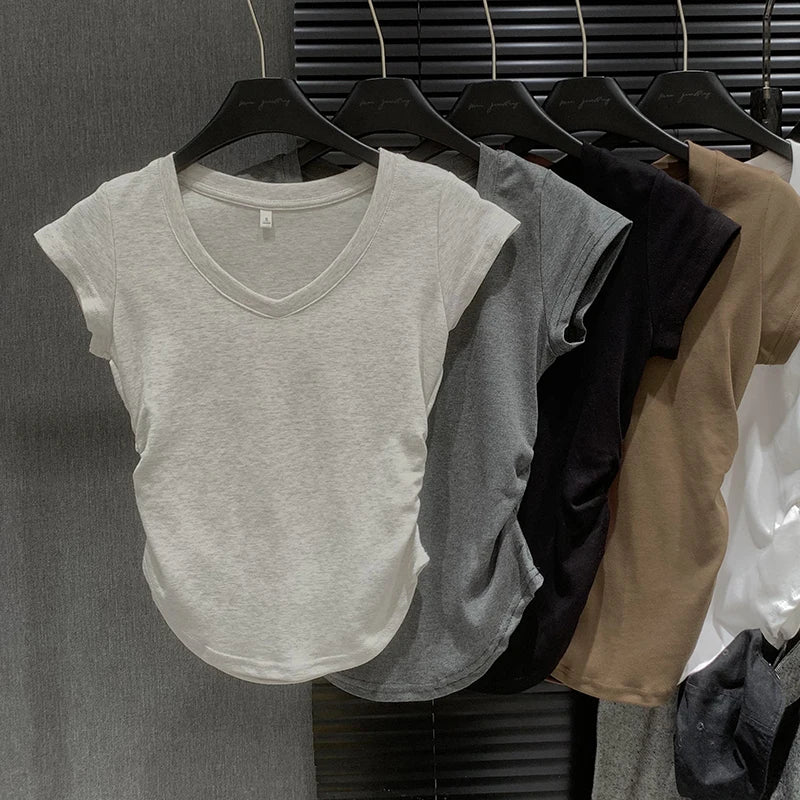 Summer Solid V Neck Pullover Irregular Pleated T Shirt Women Short Sleeved Holiday Tops 2024 Korean Fashion Simplicity Clothing