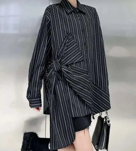 Women Black Striped Bow Irregular Big Size Blouse New Lapel Long Sleeve Shirt Fashion Tide Spring Autumn 2025 1DH5046
