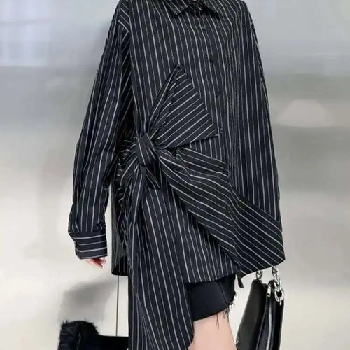 Load image into Gallery viewer, Women Black Striped Bow Irregular Big Size Blouse New Lapel Long Sleeve Shirt Fashion Tide Spring Autumn 2025 1DH5046
