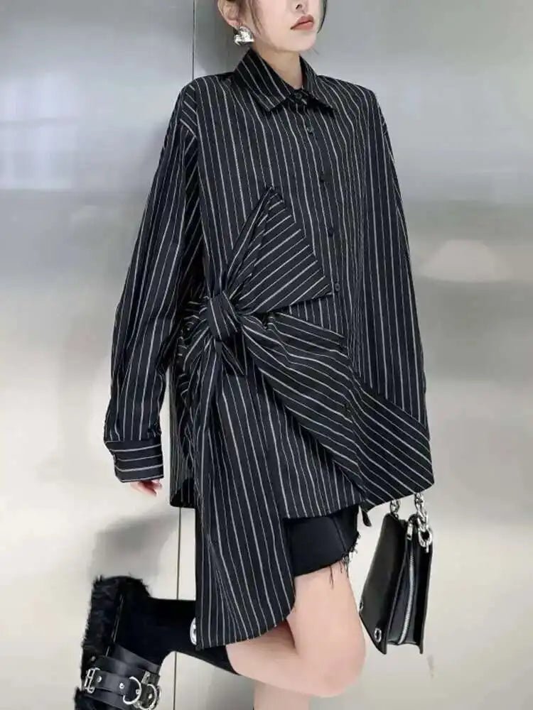 Women Black Striped Bow Irregular Big Size Blouse New Lapel Long Sleeve Shirt Fashion Tide Spring Autumn 2025 1DH5046