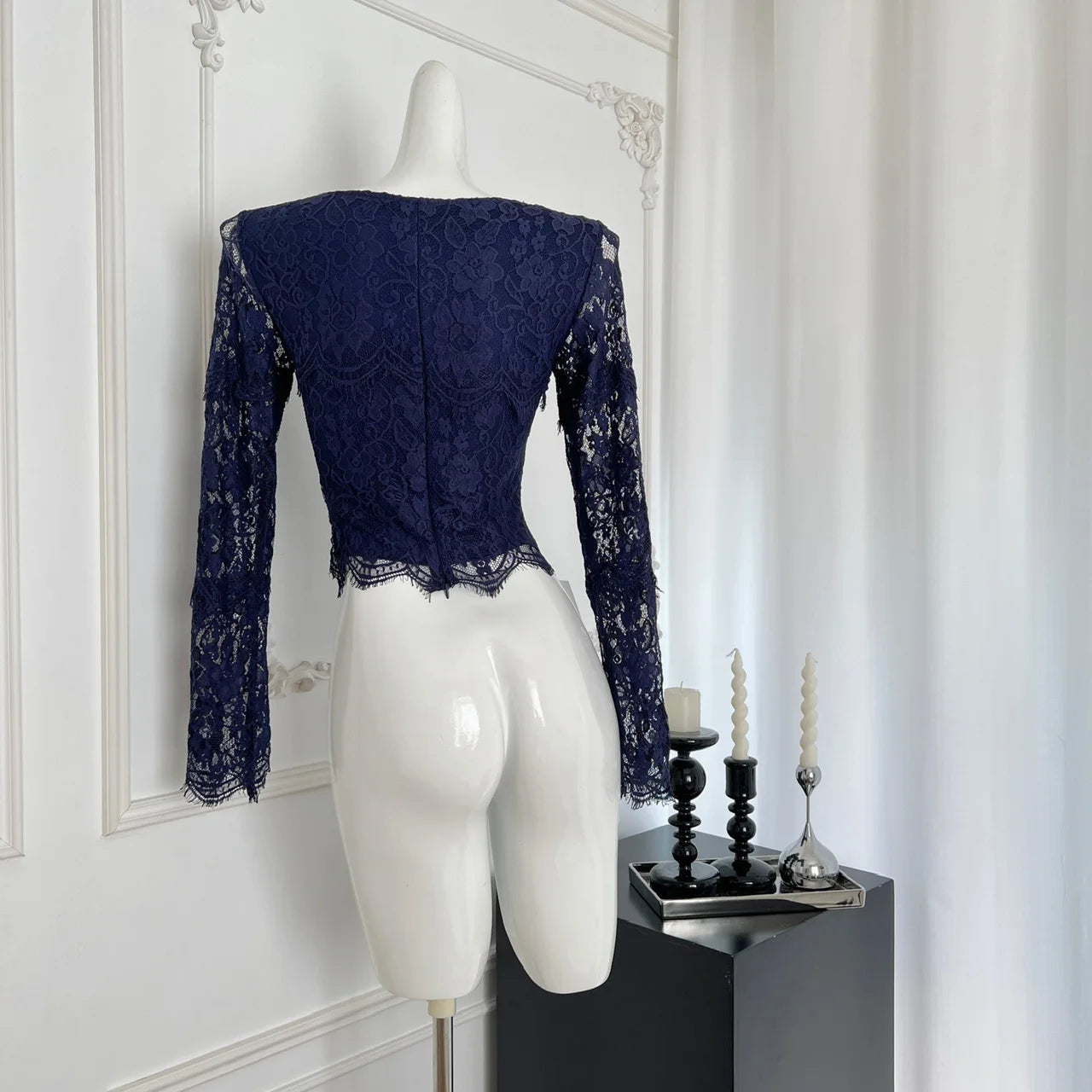 Autumn Blue Lace Square Neck Elegant Slim T Shirt Women's New Vintage Pink Long Sleeves Vacation Short Tops Simplicity Clothing