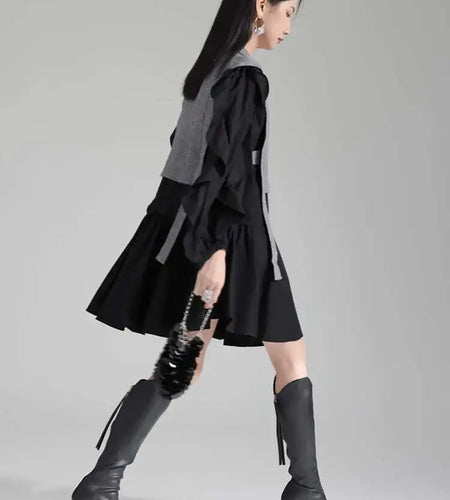 Women Black Knitting Color-block Ruffles Elegant Dress New Round Neck Long Sleeve Fashion Tide Spring Autumn 2025 1DH6758