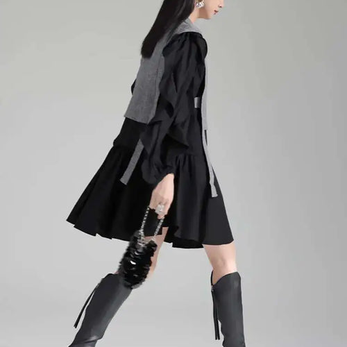 Load image into Gallery viewer, Women Black Knitting Color-block Ruffles Elegant Dress New Round Neck Long Sleeve Fashion Tide Spring Autumn 2025 1DH6758
