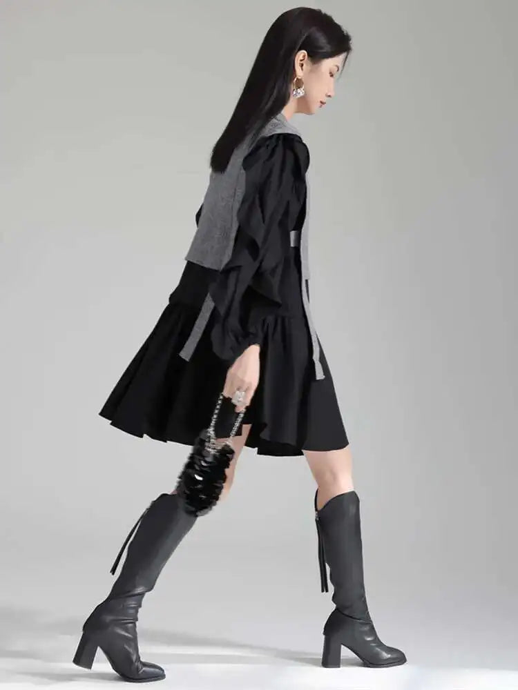 Women Black Knitting Color-block Ruffles Elegant Dress New Round Neck Long Sleeve Fashion Tide Spring Autumn 2025 1DH6758