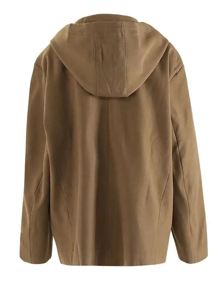 Women Khaki Drawstring Big Size Casual Blazer New Hooded Long Sleeve Jacket Fashion Tide Spring Autumn 2025 CPG2241