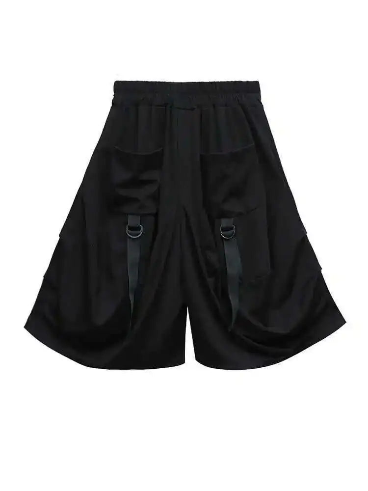 High Elastic Waist Black Pockets Bandage Wide Leg Pants New Loose Fit Trousers Women Fashion Spring Summer 2025 1DF4794