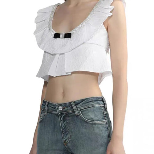 Load image into Gallery viewer, Bowknot Solid Halter For Women Flying Sleeve Patchwork Off Shoulder Tank Tops At Summer  Female Fashion Clothing
