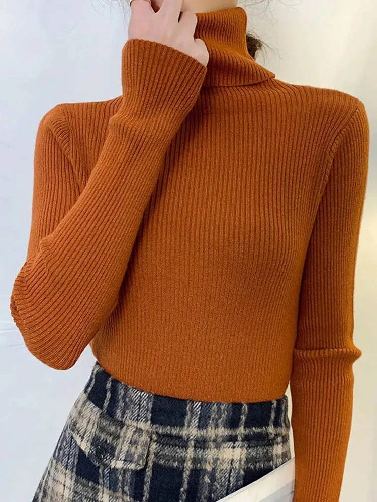 New 2025 Women Pullover Turtleneck Sweater Autumn Long Sleeve Slim Elastic Korean Simple Basic Cheap Jumper Solid Color Top