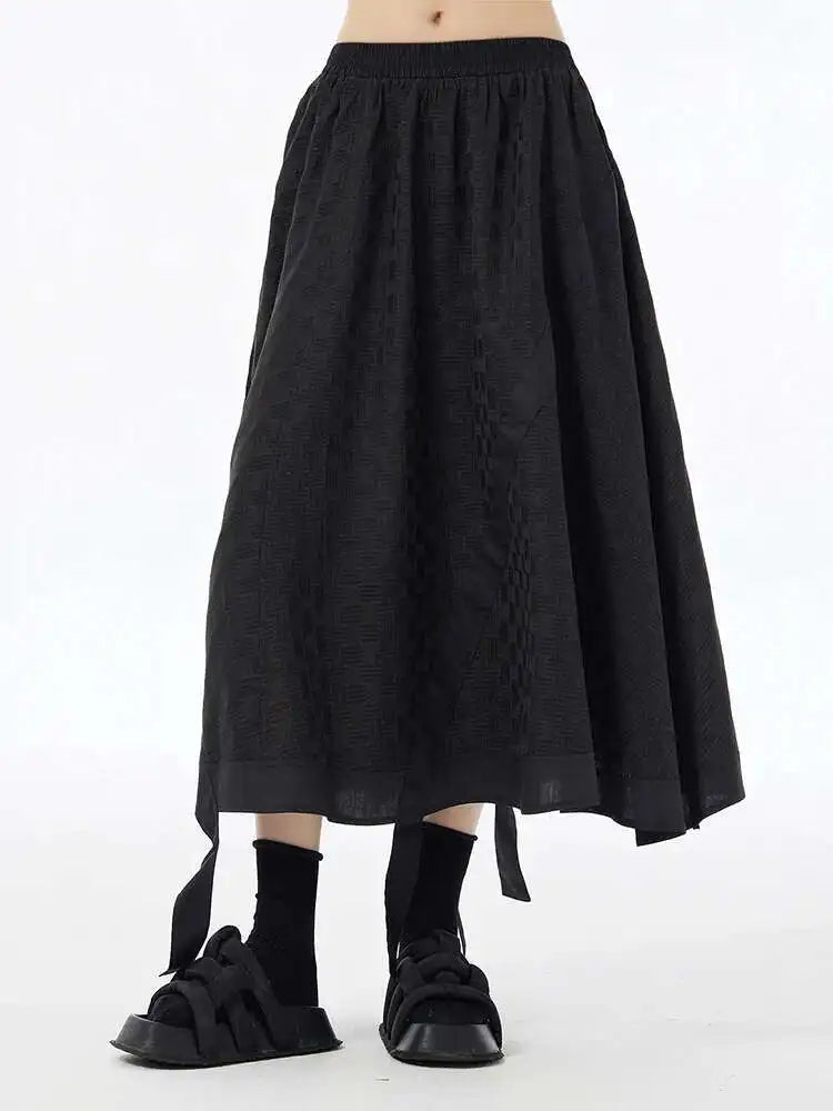 High Elastic Waist Black Tie Dye Ribbons Spliced A-line Half-body Skirt Women Fashion Tide New Spring Autumn 2025 1DH6608