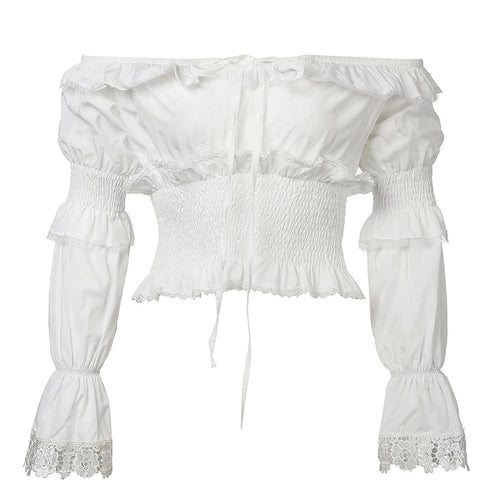 Load image into Gallery viewer, Y2K Aesthetics Ruffles Edge Slash Neck Blouses For Women Chic Lace Patchwork White Autumn Shirts French Ruffles Beach
