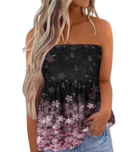 Strapless Top Women Fairy Grunge Print Off Shoulder Sleeveless Pleated Tanks y2k 2000s Clothes Holiday Party Clubwear
