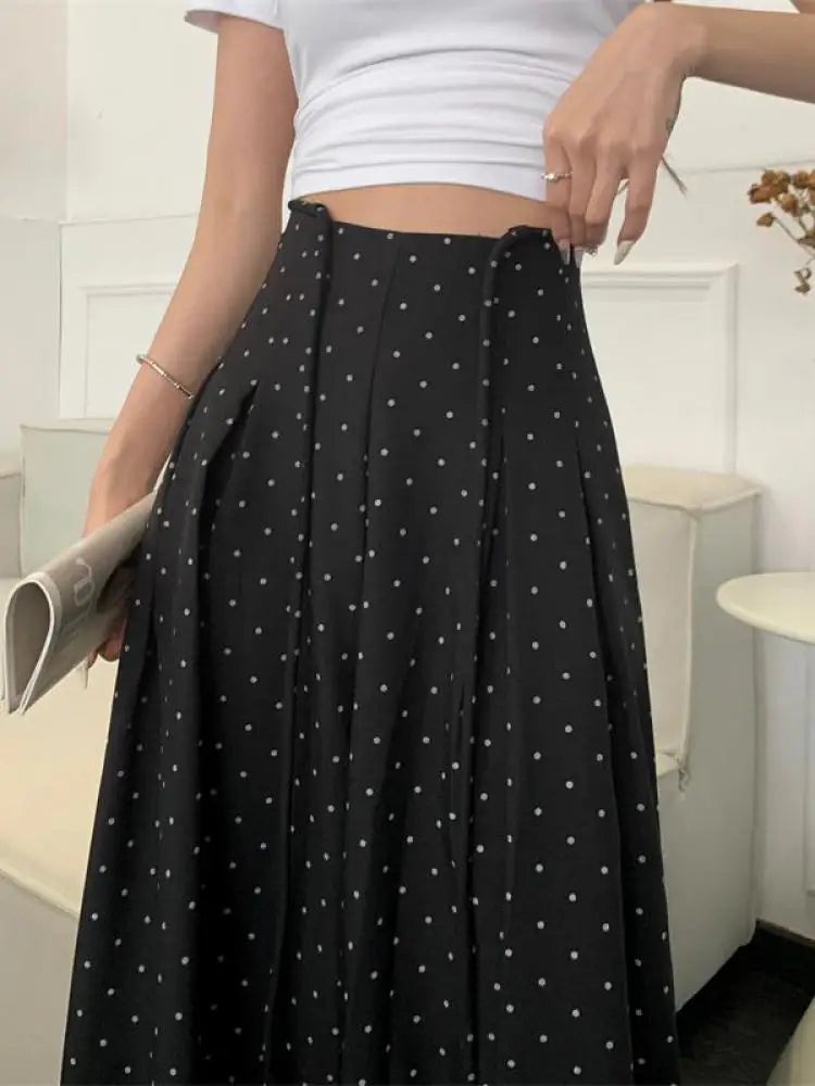 Spring Summer Retro Black Polka Dot Festival Wide Leg Long Pant Women High Waist Loose Holiday Straight Lace Up Trousers Casual
