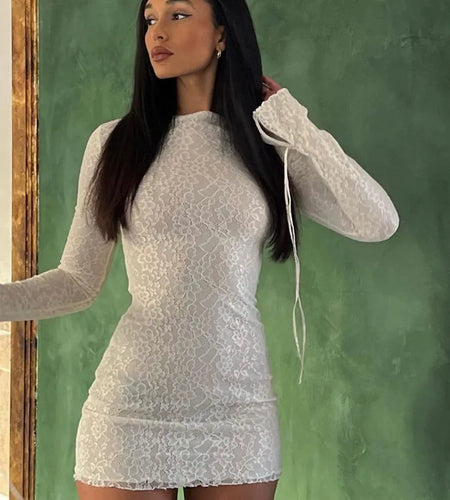 Fashion Lace Patchwork Double Layered Women Tight Wrap Hip Skirt Long Sleeved Elegant Dress Zipper Party Club Vestidos