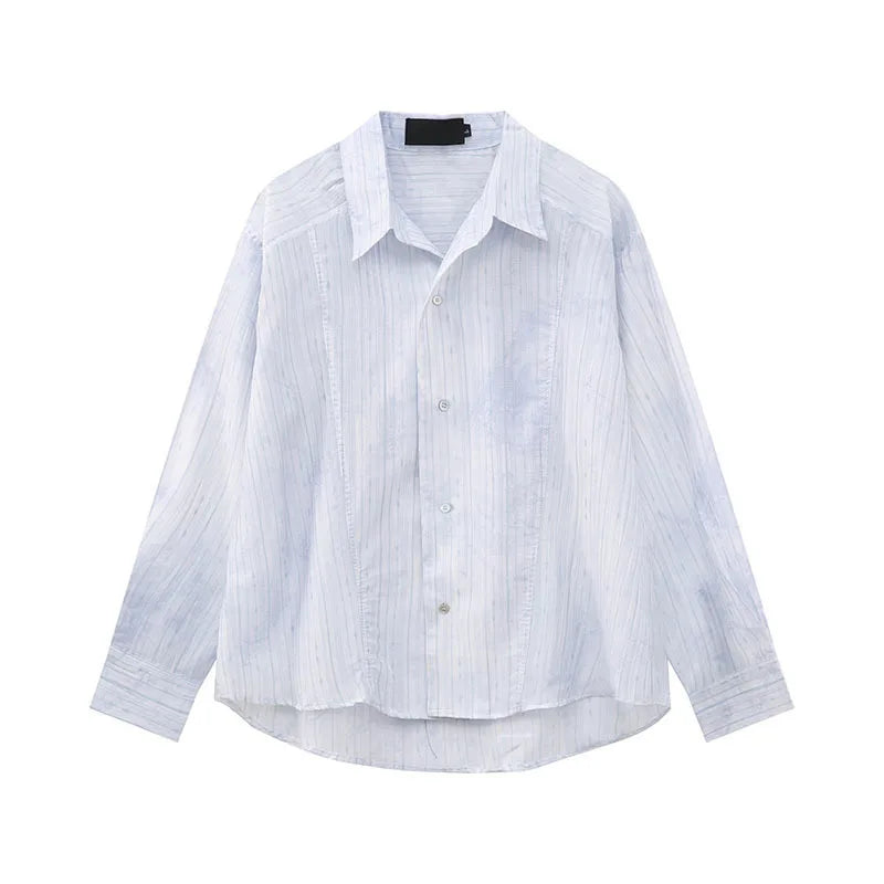 Men's Shirts New Summer Korean Turn-down Collar Casual Style Stripe Tie Dyeing Long Sleeve Trendy Male Shirt 9W1595