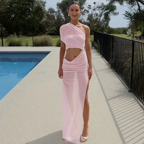 Load image into Gallery viewer, Mesh Hollow Out Backless Sexy Maxi Dress For Women Fashion One Sleeveless See Through Ruched Bodycon Club Long Dress
