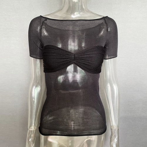 Load image into Gallery viewer, See Through Mesh Crop Top Women Pullovers Strapless Short Knit Cropped Tops Ladies Tee Shirt Sexy Off-shoulder T-shirt
