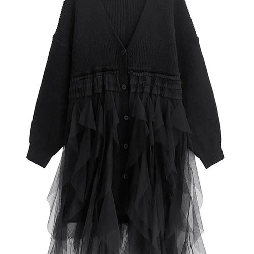 Load image into Gallery viewer, Women Black Big Size Knitting Mesh Irregular Sweater Dress New V-Neck Long Sleeve Fashion Spring Autumn 2025 1DH2366
