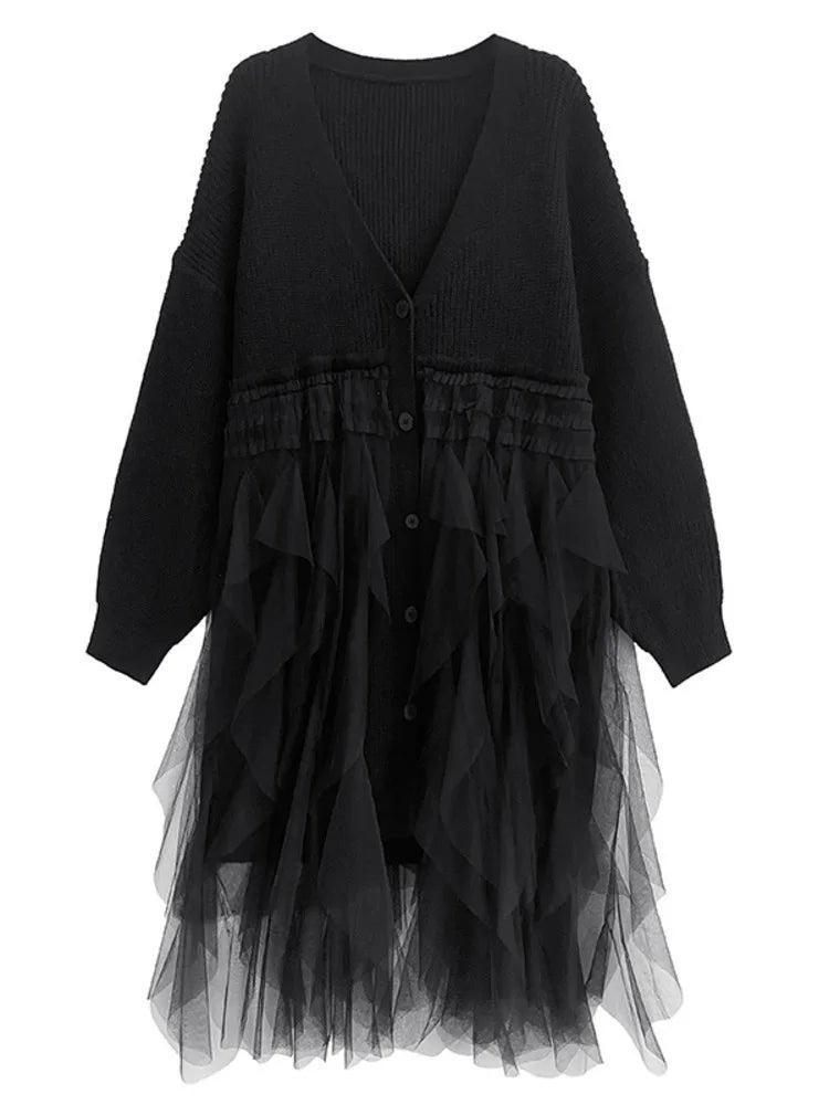 Women Black Big Size Knitting Mesh Irregular Sweater Dress New V-Neck Long Sleeve Fashion Spring Autumn 2025 1DH2366