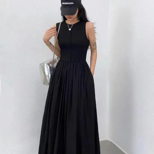 Load image into Gallery viewer, Summer Women White Casual High Waist Pleated Long Dress Lady Black Green Round Neck Sleeveless Sexy Slim Vest Dress Vestidos New

