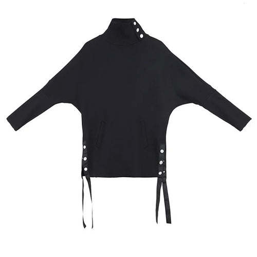 Load image into Gallery viewer, Women Black Irregular Ribbon Big Size Casual T-shirt New Turtleneck Long Sleeve Fashion Tide Spring Autumn 2025 1DF5280
