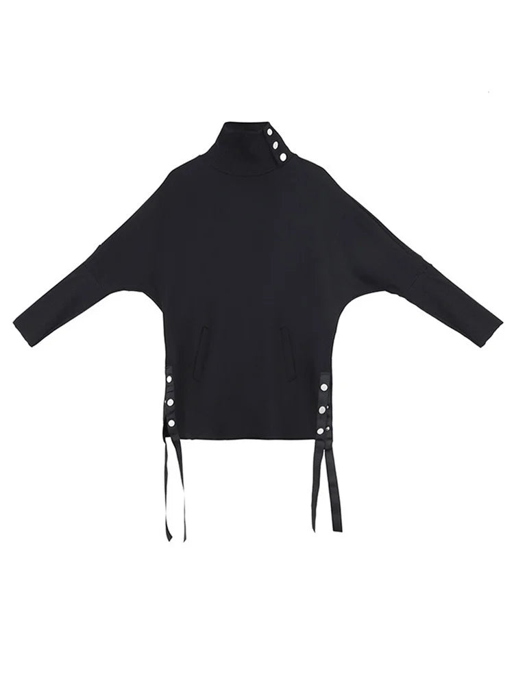 Women Black Irregular Ribbon Big Size Casual T-shirt New Turtleneck Long Sleeve Fashion Tide Spring Autumn 2025 1DF5280