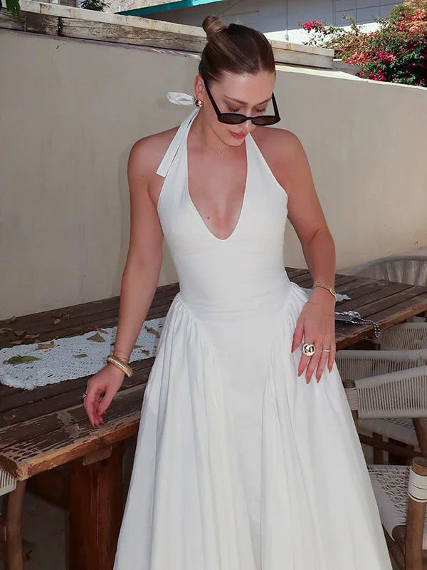 Elegant Sleeveless Bodycon Long Dress Women 2024 Summer New Sexy Hanging Neck Deep V-Neck Vestido Backless Evening Dress