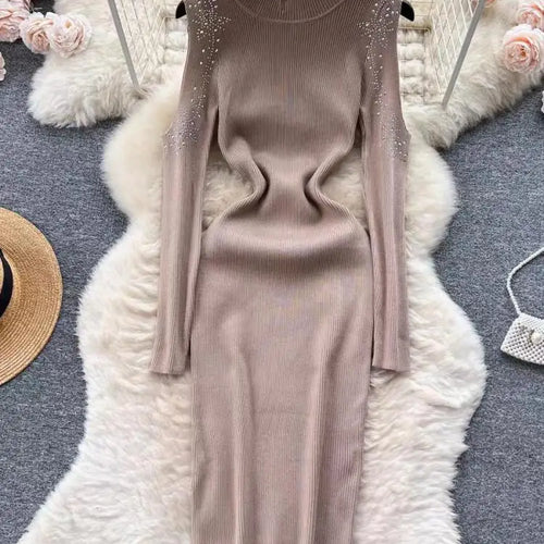 Load image into Gallery viewer, Autumn Elegant Half High Neck Long Sleeves Hollow Out Diamonds Hip Wrap Dress 2023 Fashion Slim Knitted Midi Dress French Simple
