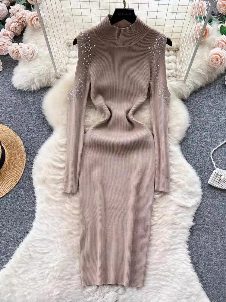 Autumn Elegant Half High Neck Long Sleeves Hollow Out Diamonds Hip Wrap Dress 2023 Fashion Slim Knitted Midi Dress French Simple