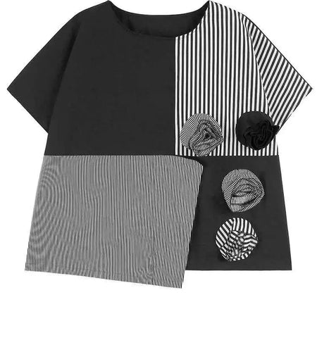 Women Black Striped Dot Flower Big Size T-shirt New Round Neck Short Sleeve Fashion Tide Spring Summer 2025 1DH4878