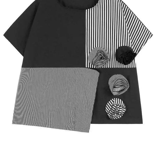 Load image into Gallery viewer, Women Black Striped Dot Flower Big Size T-shirt New Round Neck Short Sleeve Fashion Tide Spring Summer 2025 1DH4878
