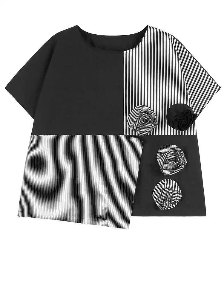 Women Black Striped Dot Flower Big Size T-shirt New Round Neck Short Sleeve Fashion Tide Spring Summer 2025 1DH4878