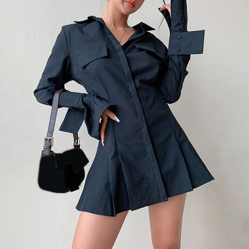 Load image into Gallery viewer, Mini Solid Shirt Dress For Women Lapel Flare Sleeve Patchwork Single Breasted Tunic Temperament Dress Female Summer
